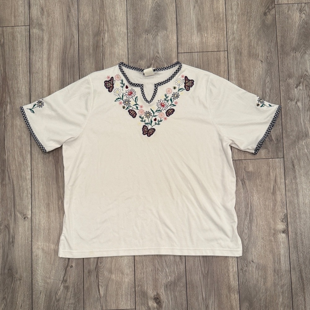 Bon Worth XL White Embroidered Butterfly Floral V Neck Tunic Top Women's